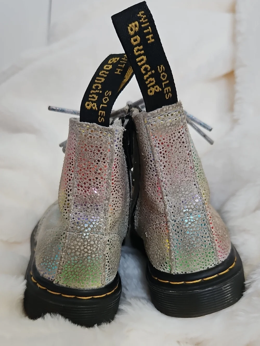 Dr. Martens Kids Iridescent Holographic Lace-Up Boots in Silver and Pastel